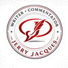 Jerry Jacques Writer and Commentator seal logo with red speech bubble symbol.