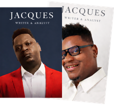 Two magazine-style portrait covers of Jerry Jacques labeled “Writer & Analyst,” one with a navy background and red blazer, the other with a light gray background and glasses.